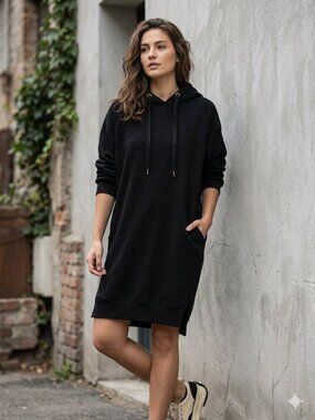 Nutexrol Hoodie Dress Oversized Fleece Black Small